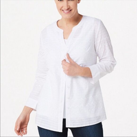 NWT Denim & Co. QVC Eyelet Button Front Shirt White Eyelet 2X Plus - Picture 1 of 15